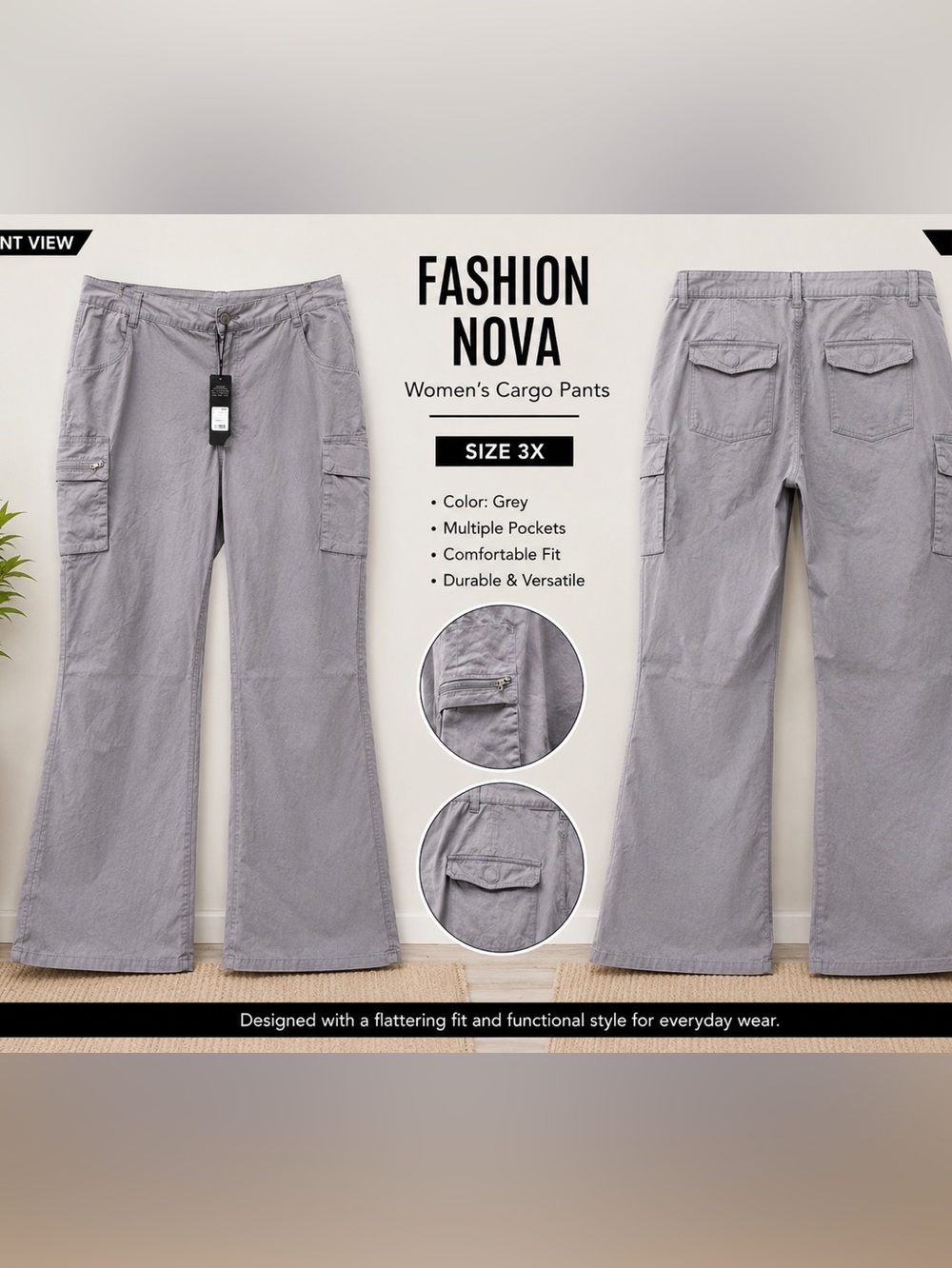 Fashion Nova She’s a Keeper Gray Cargo Pants Women’s 3X NWT Wide Leg Utility
